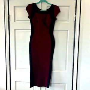 ASOS bodycon burgundy shortsleeved midi dress.